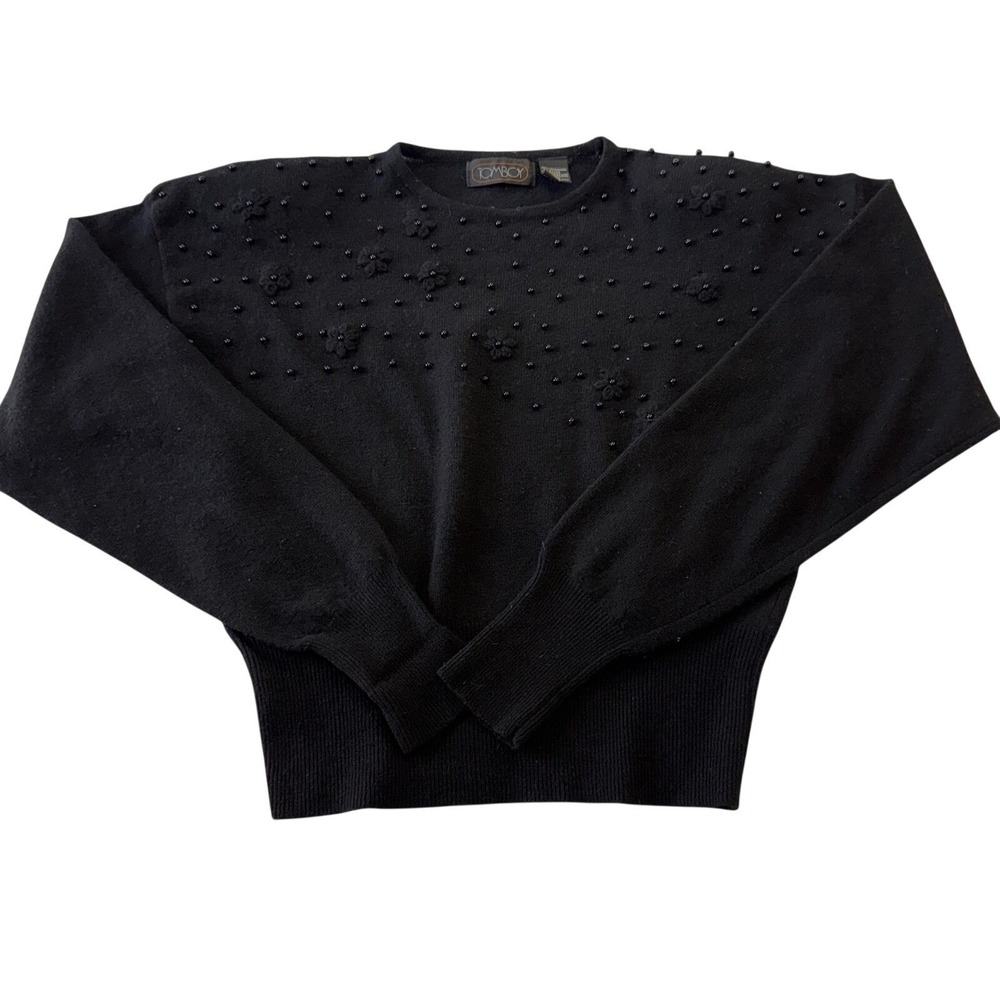 Vintage 80s Tomboy Black Pearl Beaded Floral Lambs Wool Knit Sweater Size M